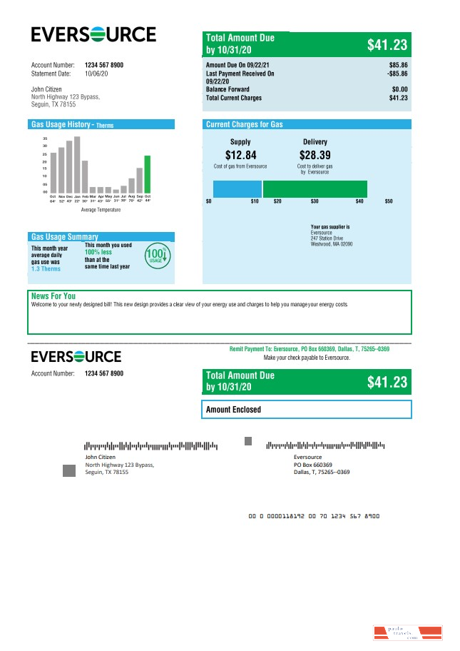 USA Eversource gas utility bill template in Word and PDF format, good for address prove
